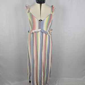 For The Republic Midi Dress Women's 1X Rainbow Colors Striped Sleeveless Ruffle